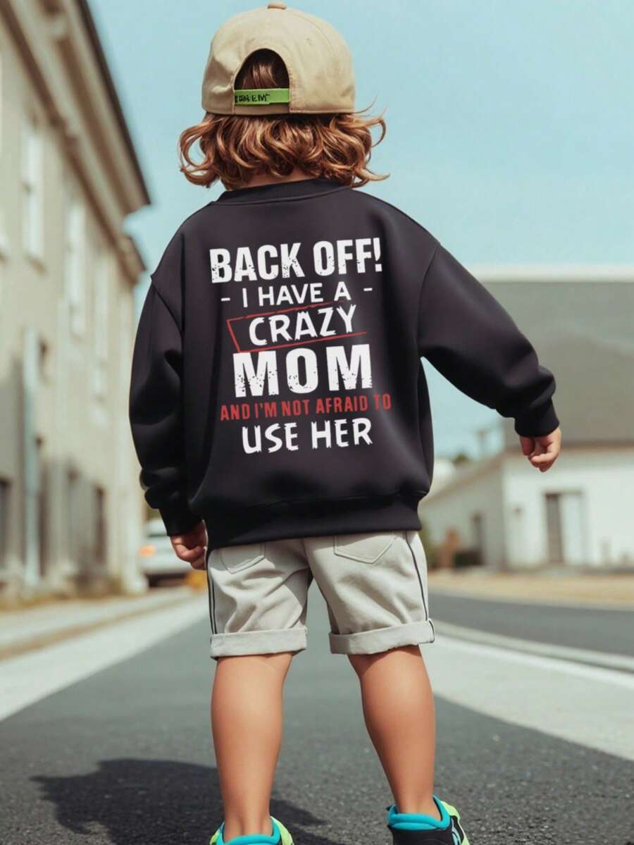 1pc Boys Casual Printed Crew Neck Sweatshirt, Autumn/Winter Student Young Children Long Sleeve Top - "I Have A Crazy Mom" Crew Neck Sweatshirt Series - Black - View 1