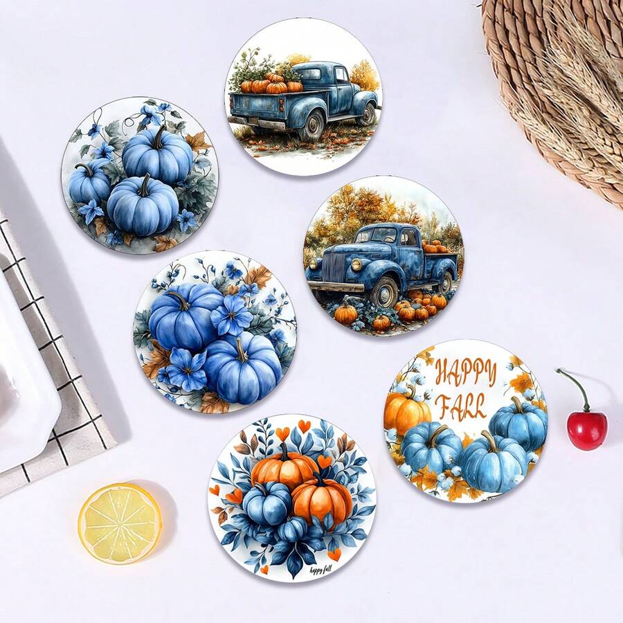 6 piezas/set o 420 piezas/70 sets Posavasos con estampado de hojas florales y calabazas de otoño, de 10 cm/2 mm de grosor con base de goma suave absorbente y redonda, con respaldo de goma suave, posavasos decorativos adecuados para tazas, decoración del hogar, cocina y mesa de comedor