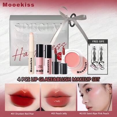 Mooekiss Bộ trang điểm 4 món gồm phấn má hồng và son bóng, có cả chất son bóng và son lì, đóng hộp quà tặng, thích hợp làm quà cho bạn gái.
