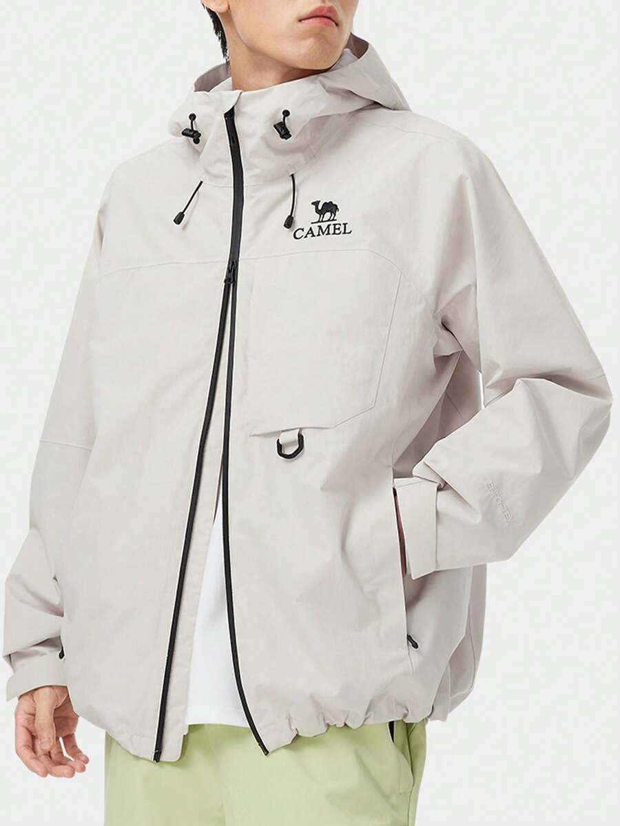 CAMEL CROWN Jaket Ski Pria Satu Lapis Tahan Angin dan Tahan Air dengan Tudung, Cocok untuk Mendaki di Musim Gugur dan Musim Dingin - Pita Putih - View 1