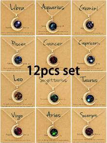 1/12pcs 12 Zodiac Glow-In-The-Dark Moon Pendant Necklace, Fashionable Personalized Constellation Card Necklace