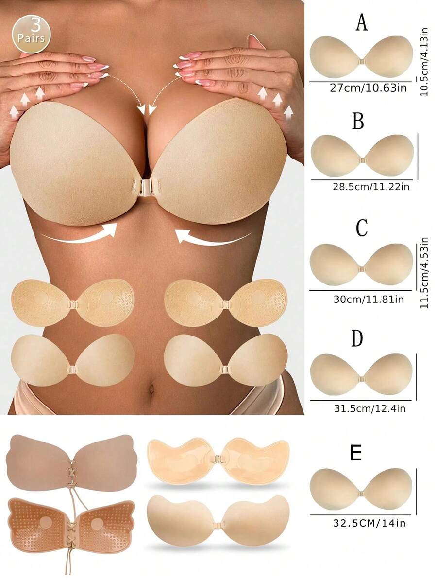 3 对隐形粘性胸罩、无肩带无缝聚拢硅胶胸罩、露背胸罩、无肩带胸罩、隐形胸罩、可重复使用的隐形硅胶露背胸罩、适用于晚礼服、婚纱、泳衣和露背的亲肤自粘胸罩