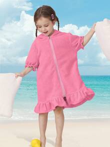 1 pieza Cubre de natación con capucha y cremallera para niñas, con mangas abullonadas y falda, disponible en múltiples edades, de tela absorbente tipo toalla, adecuado para niños pequeños y niños, excelente para el hogar, la natación y el baño - Rosa - Ver 10