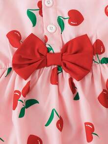 2pcs/Set Cute Daily Heart & Cherry Print Contrast Color Bowknot Strap Ruffle Hem Plaid Dress And Hat, Suitable For Summer Party, Vacation - Baby Pink - View 7