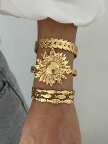 Brățară elegantă retro pentru femei, la modă, în formă de geometrică, din oțel inoxidabil cu frunze metalice și motive florale