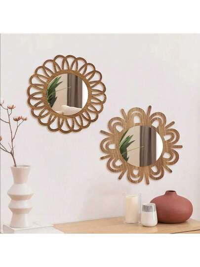 2pcs Charming Vintage Round Wall Decor Mirrors, Sunflower Shaped Round Hanging Mirrors With Wooden Frames, Suitable For Living Room, Bedroom, Dining Room, Bathroom, Creative Unique Decorative Mirrors, Size 22.5cm/8.6inch, Unique Birthday, Holiday, Graduation Gift