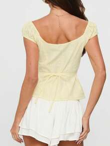 Women's Slim Fit Cap Sleeve Tie Solid Color Casual Summer Basic T-Shirt, Daily Street Wear - Yellow - View 4