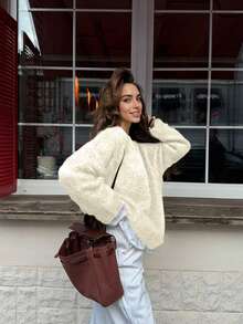 2026 Nuovo Maglione casual elegante da donna con spalle a goccia, collo a girocollo a costine, maniche lunghe, adatto per uso casual, top eleganti, concerti, streetwear, look da rientro a scuola - Albicocca - Visualizzare 6