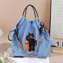 New Cross-Border Japanese Style Women's Handbag, Nylon Embroidered Shopping Tote, Fashionable Cute Cat Glasses Daily Commute Shoulder Bag
