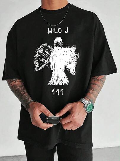 Camiseta hombre verano moda patrón Milo J 111 estampado dibujo angélico cuello redondo manga corta 220g algodón puro pesado gruesa y cómoda