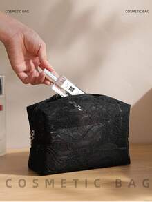 1个优雅圣诞蕾丝化妆包，女士大容量防水旅行化妆品收纳包，节日网状设计礼品袋（米色/黑色/粉色/紫色） - 彩色 - 查看 3