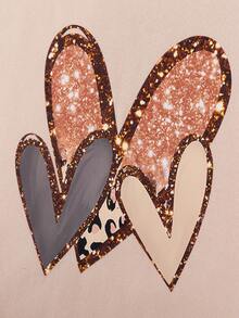 可爱风格女孩冬季服装，亮片心形运动衫+卷边裤，舒适又吸睛 - 杏色 - 查看 5