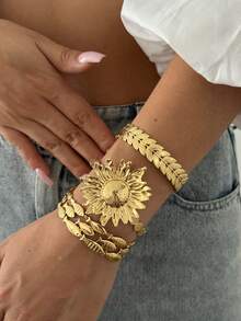 Brățară elegantă retro pentru femei, la modă, în formă de geometrică, din oțel inoxidabil cu frunze metalice și motive florale