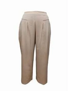Plus Size Solid Color Casual Front Pocket Decor Wide Leg Pants For Women - Apricot - View 5