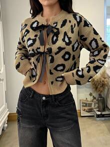 FOR BEAUTY Autumn/Winter New Fashion Leopard Print Tie Bow Knitted Cardigan Women Short Colorblock Sweater Jacket, New Year - Khaki - View 2