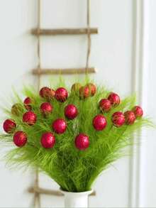 66/42/36/30/24/18/12/6/1 Pc Christmas Tree Branch Green Curly Christmas Decorations Green Hair Pampas Reed Grass Christmas Holiday Decoration Pampas Grass Christmas Reed Indoor And Outdoor Garden Decoration Home Green Red Ball Pampas Cutting Crafts Winter Room Decor