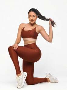Premium Suplex Fitness Set With Pants And Non-Transparent Cup Top, Fitness Gym Clothing Kit, High Compression Leggings - 雙色焦糖 - 查看 7