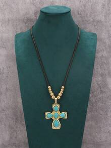 1pc Minimalist Golden Alloy Pendant Necklace, Vintage Cross & Turquoise Necklace, Suitable For Daily Wear And As Gift For Girlfriend/Boyfriend