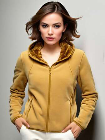 Women's Sports Outdoor Casual Plush Jacket Double-Sided Autumn And Winter Season Loose Long Sleeved Youth Warm Jacket Suitable For Wearing At 5-20 ℃,Fleece,Skiing