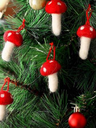 5pcs Felt Mushroom Hanging Ornaments - Red & Green Felt Pendants For Christmas Tree, Weddings & Holiday Celebrations, Home Decorations