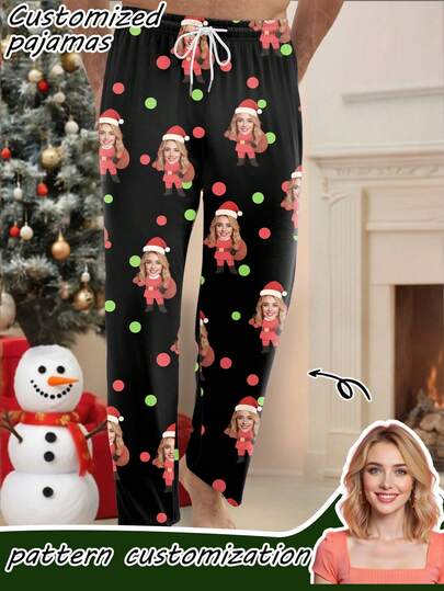 Pantalones de pijama personalizados con estampado navideño para hombres, pantalones casuales de estar en casa con estampado de lunares de Papá Noel, regalo de Navidad para amigos