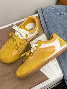 Damen Größe 35-40 einfarbige lässige, süße, preppy Schnürsneaker mit Patchwork, bequeme flache Lässig Schuhe für Gym, Campus, Urlaub, ganzjährig