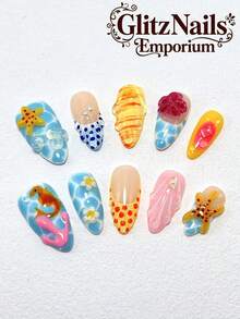 10 Pieces Of Pure Handmade Wearable Nails Pressed Nails 33mm Thin High Heel Long Nails French Nails Gold Sunglasses Powder Modeling Glue Three-Dimensional Modeling Glue Carving Craft Leopard Finger Multi-Color Matching Girl Cute Fashion Versatile Three Sizes To Choose From Suitable For A Variety Of Occasions, Parties, Dances And Daily Wear