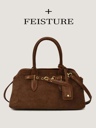 1pc Faux Suede Material New Women's Handbag, Bowling Ball Strap Decor, Suitable For Daily Outing, Dating, Commuting