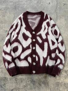 Men's Casual Loose Retro Street Style Colorblock Soft Fuzzy V-Neck Button-Up Cardigan Sweater, Autumn/Winter