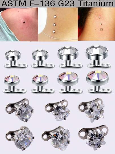 1 件植入 G23 钛金属微皮肤穿孔表面 CZ 圆形/心形/星形水晶隐藏式皮肤潜水员微皮肤顶部和底部锚点氧化锆水晶宝石皮肤锚表面皮肤穿孔环身体首饰