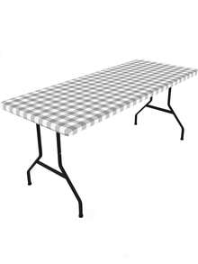 Prostokątny obrus piknikowy, elastyczny, dopasowany obrus winylowy o szerokości 1,8 m z flanelowym spodem, wodoodporny, w kratę, do jadalni, na kemping i na zewnątrz (szary i biały, 76 cm x 183 cm)