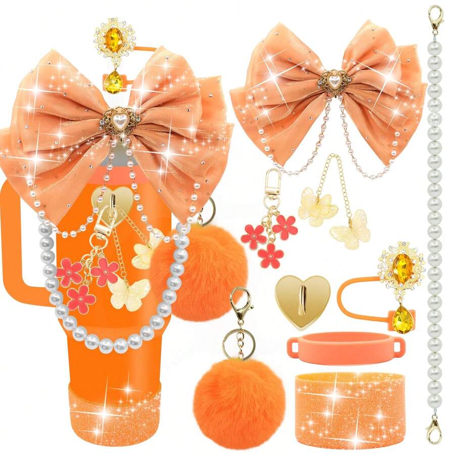 QY Bling Cup Accessories For 40/30/20 Oz Tumbler With Handle Including Orange Glitter Bow Straw Topper, Heart Straw Cover, Pearl Water Bottle Handle Strap, Boot, Pom-Pom, Keychain Charms 2216 - 橘色 - 查看 1