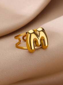 1 件简约 A-Z 首字母开口戒指，适合女士男士，18K 镀金不锈钢个性化 26 个英文字母戒指，精致可调节指环情侣时尚珠宝配饰