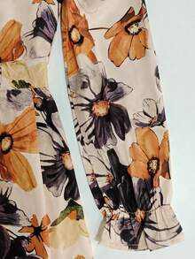 New Autumn Floral & Plant Print Elegant Casual Front Button Belted Dress, Suitable For Halloween, Christmas, Daily Wear, Vacation, Party, Date, Afternoon Tea, Holiday Occasions - Multicolor - View 4