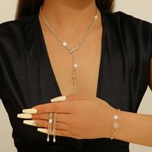 Modisches Schmuckset: Vollständig mit Strass-Zirkonia besetzte Halskette + Ohrringe + Armband, Hochzeitskleid Schmuck