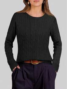 White Women's Long Sleeve Knit Solid Color Casual Ribbed Beach Sweater - Black - View 3