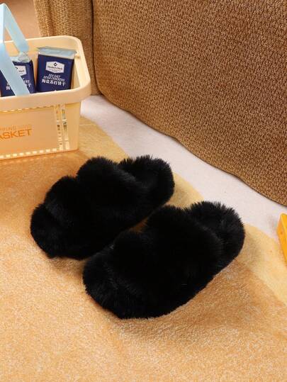 1 Pair Kids/Boys/Girls Plush Lined Anti-Slip Warm Slippers, Soft Bottom Fashionable Fuzzy Warm Flat Shoes, Suitable For Indoor Wear, Winter Season Essential Home Shoes