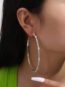 Minimalist Rhinestone Inlaid Chunky Hoop Earrings For Women, Fashionable & Chic Geometric Circle Drop Earrings - 銀色 - 查看 6