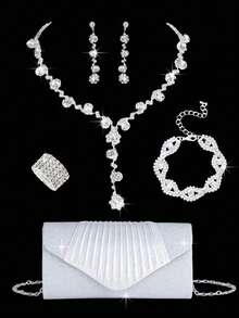 5-Piece Set Of Rhinestone Jewelry Set Gold Shiny Necklace Earrings Bracelet Ring Set Women's Evening Dress Clutch Bag Bridal Wedding Shell Elegant Envelope Bag Women's Ball Belt Detachable Metal Chain Wedding And Party Women's Shoulder Bag Women's Handbag Women's Handbag Multi-Functional Glitter Handbag Cocktail Party Wedding New Wallet Banquet Bag