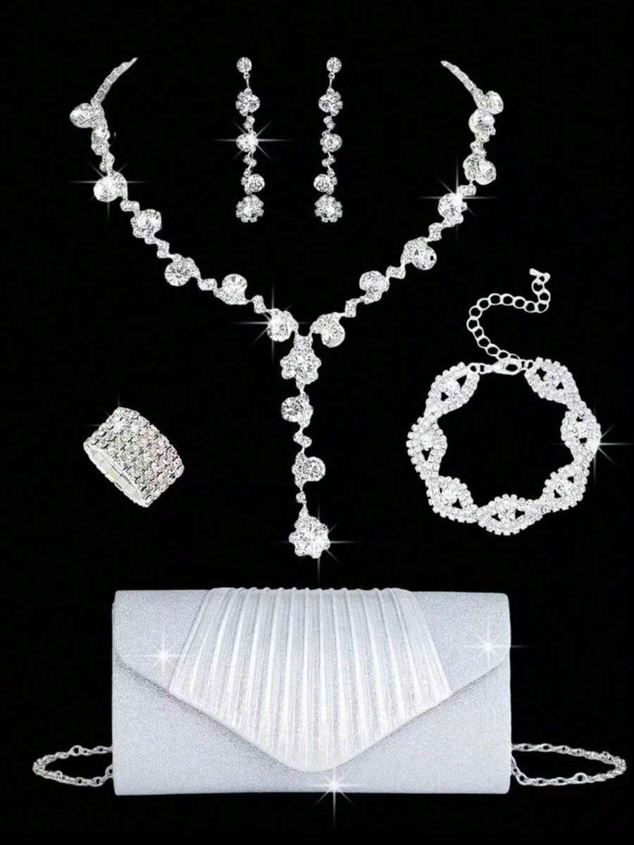 5-Piece Set Of Rhinestone Jewelry Set Gold Shiny Necklace Earrings Bracelet Ring Set Women's Evening Dress Clutch Bag Bridal Wedding Shell Elegant Envelope Bag Women's Ball Belt Detachable Metal Chain Wedding And Party Women's Shoulder Bag Women's Handbag Women's Handbag Multi-Functional Glitter Handbag Cocktail Party Wedding New Wallet Banquet Bag