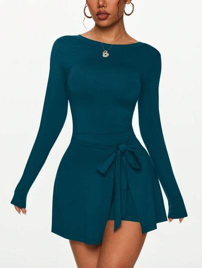 女式夏季无缝防闪烁紧身运动裙，性感开衩系带U型后背网球裙