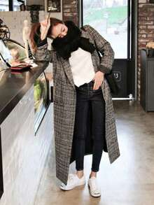 Chic Houndstooth Coat For Women - Slim Fit, Long Thick Fleece, Herringbone Check, Warm And Cold Weather, Perfect For Fall/Winter Commutes And Dates, Machine Washable, Versatile Long Coat | Houndstooth Print | Double-Breasted Coat - 灰色 - 查看 3