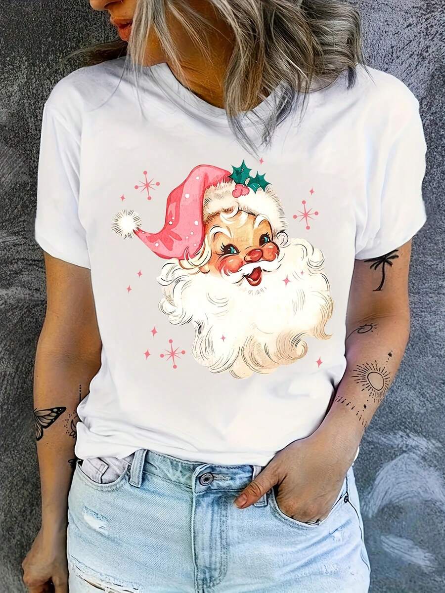 Camiseta de Manga Corta para Mujeres 100% Algodón, Ajuste Holgado, 200g, 1 Pieza, Estampado de Santa Claus, Ropa Casual, Adecuada para Verano y Primavera, Top Casual para Mujeres, Cómoda para Todas las Estaciones, Sencilla, Ajuste Holgado, Cuello Redondo - Blanco - Ver 1