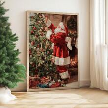 1 pièce, canevas murale, Décoration murale de Noël encadrée, Décoration vintage du Père Noël, Peinture d'arbre de Noël, Père Noël portant des cadeaux, Art de Noël, Affiche de Noël d'hiver, Peinture à l'huile de Noël vintage, Art des fêtes, Peinture à l'huile de style campagnard, Ornements de Noël