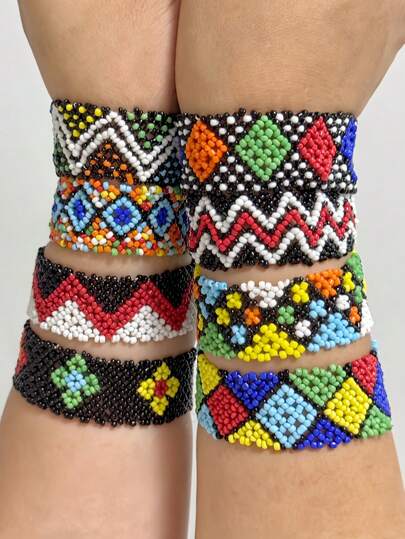 1 件复古波西米亚风格手工串珠彩色种子珠花朵和几何图案弹性手链，适合女士日常佩戴