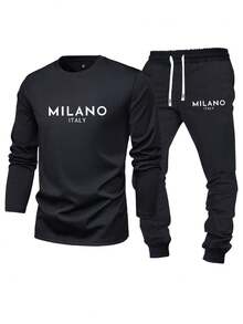 Bộ đồ 2 món thường ngày in chữ xuân/thu dành cho nam, gồm áo phông dài tay và quần cạp rút, dáng ôm vừa vặn, thích hợp làm quà tặng cho chồng/bạn trai, dạo phố, đi làm, hoạt động ngoài trời - Nhiều màu - Xem 2