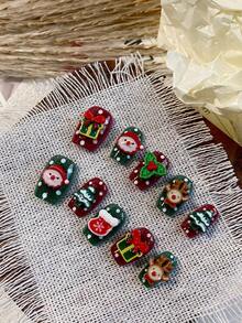 10 Pieces Of Acrylic Press On Nails, Red And Green Press On Square Fake Nails Short Nails DIY Christmas Nails, Christmas Elements 3D Nail Charms, Suitable For Women With Wedding, Party, Festival, Holiday, Holiday, Gift Nail Tools.
