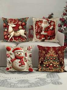 1/2/4Pcs Christmas Throw Pillow Covers Single-Sided Print - Santa, Reindeer, Snowman, And Tree Designs - Throw Pillow Covers - With Hidden Zipper Closure - Machine Washable - For Living Room And Office Decor - Multicolor - View 1