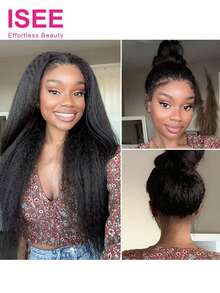 ISEE Invisi Draw-Strings Kinky Straight 360 Glueless Wig Pre-Cut Lace InvisiFit Strap Wear Go Wig Human Hair Pre Plucked Pre Bleached 180% Density 360 Full Lace Front Wigs 14-28 Inch