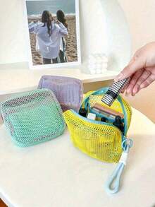 1pc Dopamine Mesh Tofu Cosmetic Bag Coin Purse Lanyard Needs To Be Ordered Separately, Randomly Sent, Portable Breathable Cosmetic Lipstick Storage Bag, Makeup Bag, Portable Travel Bag, Coin Purse, Lipstick Bag, A Small Holiday Gift For Girls, Highly Attractively Storage - Multicolor - View 10